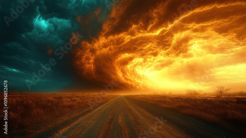 Apocalyptic Landscape: A Dramatic Contrast of Fire and Storm Clouds