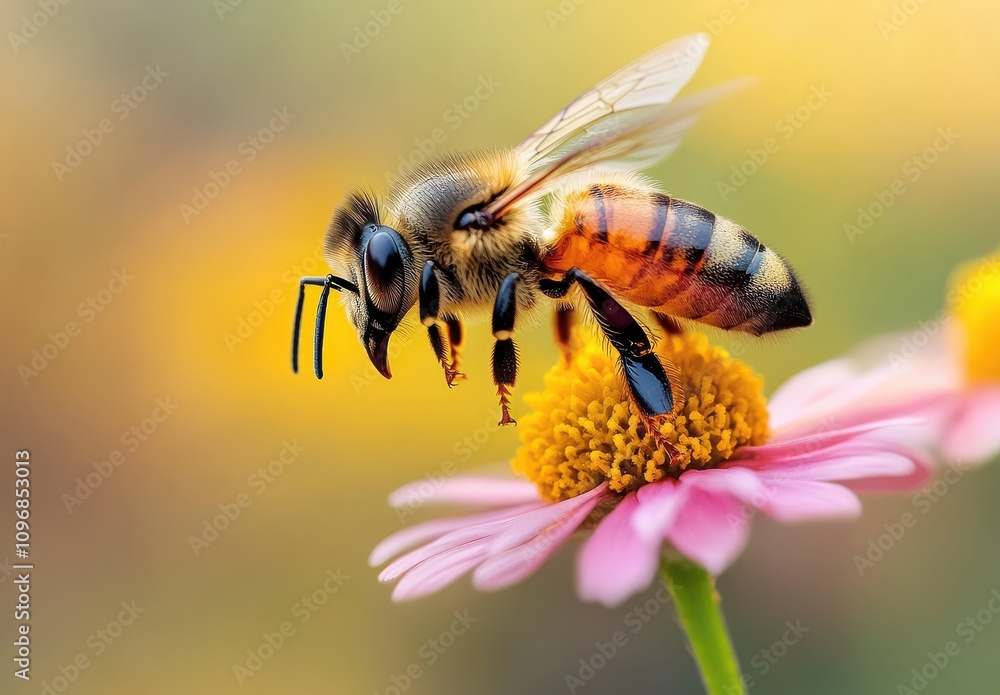 Close-Up of a Honeybee Gathering Nectar from a Vibrant Pink Flower with Soft Background Colors Highlighting Nature’s Beauty and Pollination Process Close-Up of a Honeybee Gathering Nectar from a Vibrant Pink Flower with Soft Background Colors Highlighting Nature’s Beauty and Pollination Process