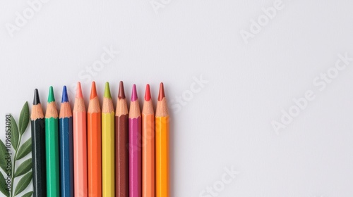 Colorful Set of Pencils and Leaf on White Background Ideal for School Supplies, Art Education, Creative Projects, and Artistic Inspiration in Education Environment
