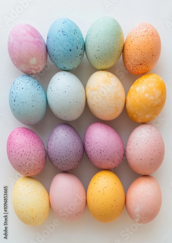 Colorful and Decorative Eggs in Various Soft Pastel Shades and Patterns Arranged Aesthetically on a Light Background for Spring Festivities and Celebrations