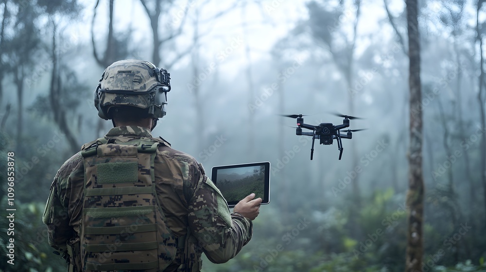 Fototapeta premium An American soldier in camouflage and a helmet is controlling a drone with a tablet computer, against a forest background in foggy weather. 