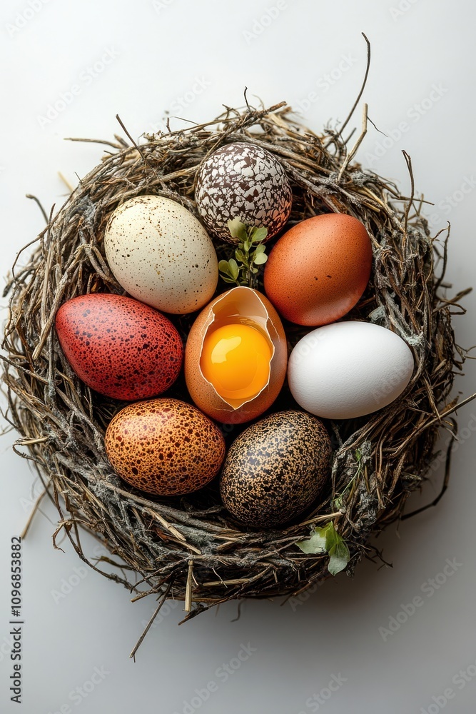 Fototapeta premium Colorful and Varied Eggs Nestled in a Natural Bird Nest, Showcasing Unique Patterns and Textures Against a Bright Background