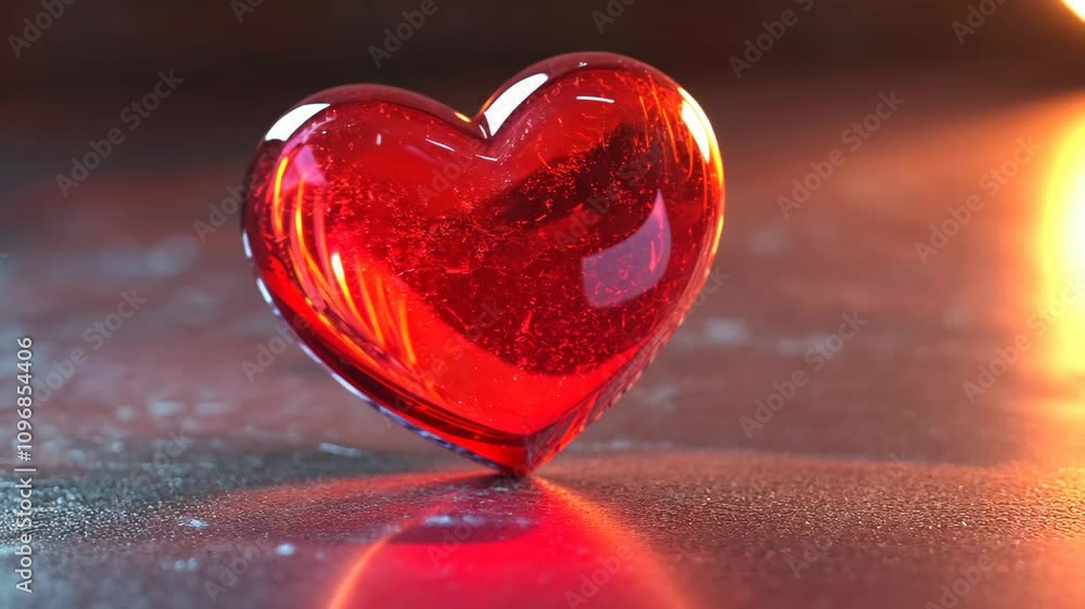 A vibrant red glass heart rests on a dark surface at sunset A vibrant red glass heart rests on a dark surface at sunset