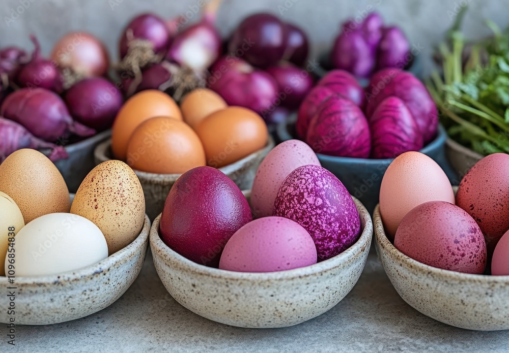 Colorful Collection of Naturally Dyed Eggs in Rustic Bowls Surrounded by Fresh Vegetables and Herbs on a Light Stone Background Colorful Collection of Naturally Dyed Eggs in Rustic Bowls Surrounded by Fresh Vegetables and Herbs on a Light Stone Background