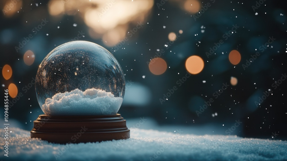 Snow globe resting on a snowy surface with glowing bokeh lights in the background Snow globe resting on a snowy surface with glowing bokeh lights in the background
