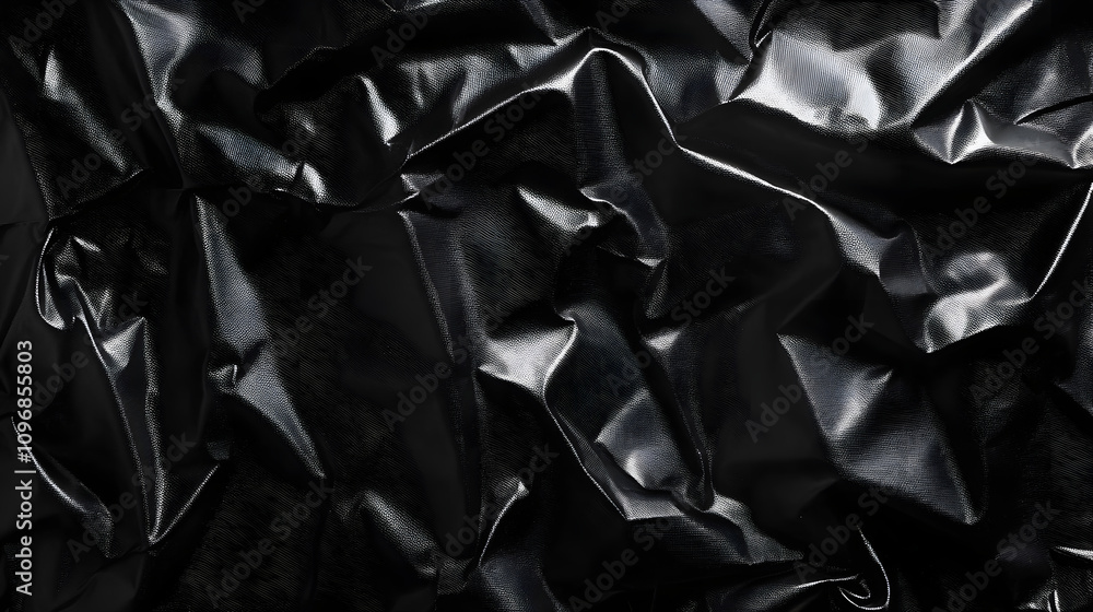 A dramatic black crumpled plastic sheet background with high contrast lighting. A dramatic black crumpled plastic sheet background with high contrast lighting.