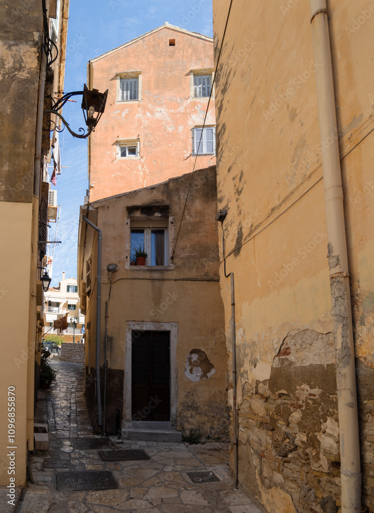 The narrow streets of the Old Town of Kerkyra on the island of Corfu in Greece The narrow streets of the Old Town of Kerkyra on the island of Corfu in Greece