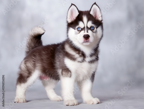 A fluffy Siberian Husky puppy stands confidently, showcasing its striking coat and blue eyes against a soft, neutral background.