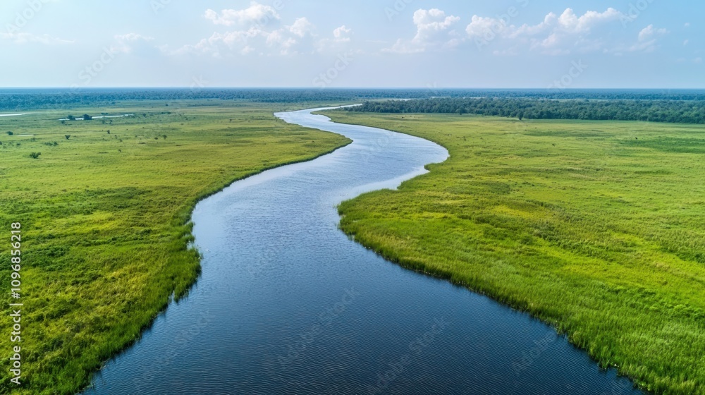 Serene aerial view of a winding river flowing through lush green landscape under a clear blue sky. Serene aerial view of a winding river flowing through lush green landscape under a clear blue sky.