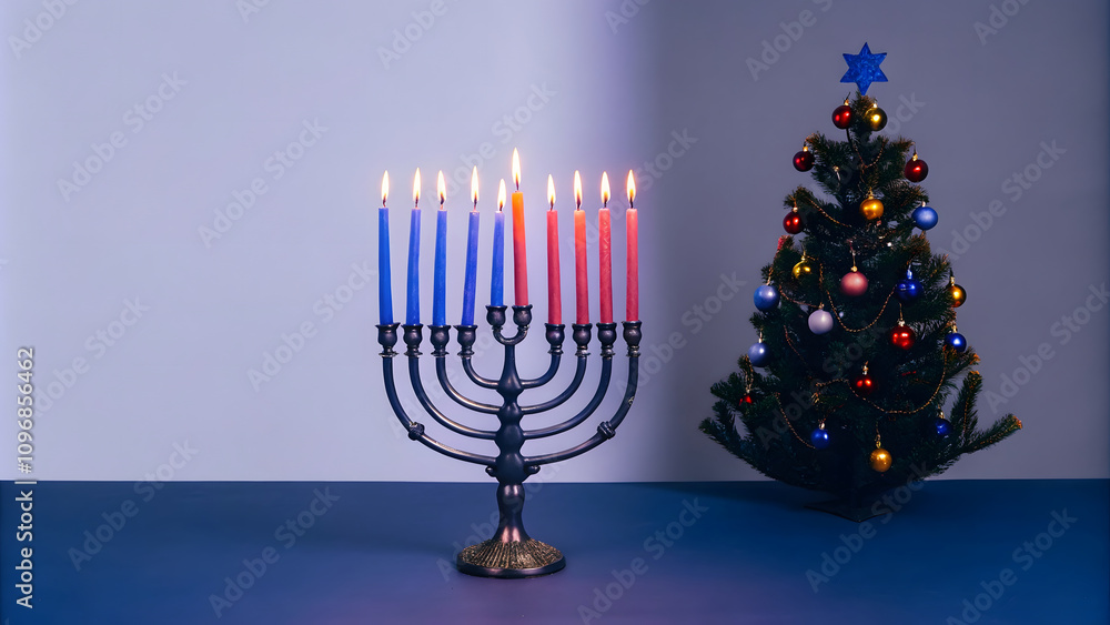 menorah with blue and red candles stands beside decorated Christmas tree, creating festive atmosphere. warm glow of candles enhances holiday spirit menorah with blue and red candles stands beside decorated Christmas tree, creating festive atmosphere. warm glow of candles enhances holiday spirit