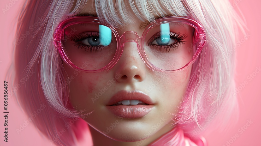 Fototapeta premium hyperrealistic popstar with futuristic visor sunglasses, platinum blonde bob wig and cat suit. Turquoise glowing lighting