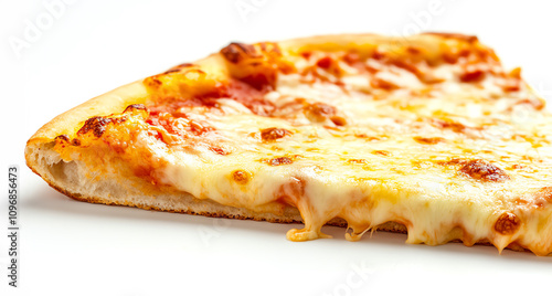 Slice of pizza with melting cheese, closeup view, isolated on white background photo