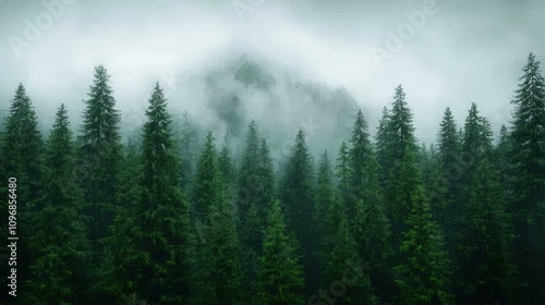 Misty Forest Landscape with Lush Green Pines and Misty Mountains Shrouded in Clouds, Capturing the Serenity and Beauty of Nature's Wilderness