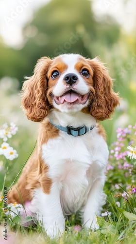 A cheerful dog sits among colorful flowers, showcasing its playful nature and fluffy coat in a vibrant outdoor setting.