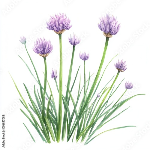 Delicate chive flowers with vibrant green stems, painted in watercolor.