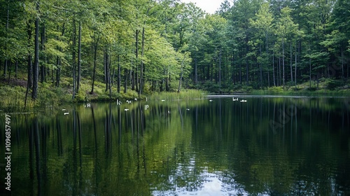 A serene forest scene reflected in calm water, showcasing vibrant greenery and tranquil nature for peaceful moments.