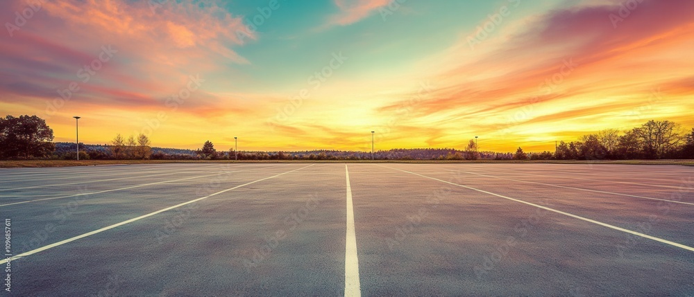 Empty parking lot facing breathtaking sunset and vibrant sky. Empty parking lot facing breathtaking sunset and vibrant sky.
