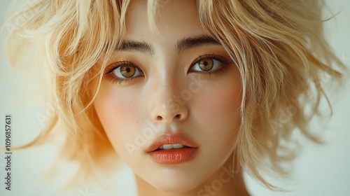 fashion magazine, korean asian model with shaggy blondie color and highlight of pastel - round hair, her hairs cover her face very smoothly , business attire , heavenly bob haircut