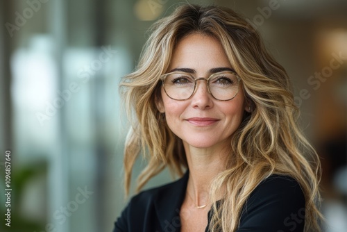 A confident woman with glasses smiles warmly in a professional setting.