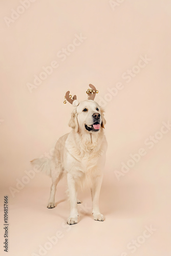 golden retriever wearing reindeer antlers, exuding festive cheer and joy. Perfect for holiday themes and pet photography photo