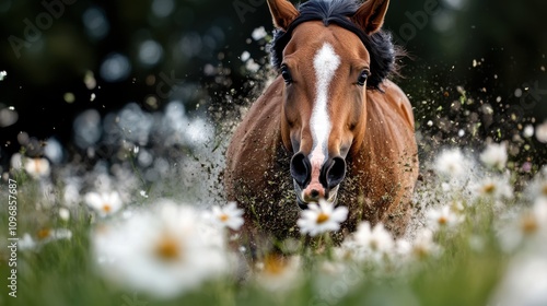 An energetic brown horse charges directly through a field of pristine white flowers, with its mane flowing and ears perked up, embodying strength and grace in motion. photo