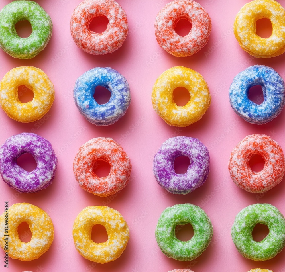 Colorful Frosted Doughnuts Arranged in a Vibrant Pattern Against a Soft Pink Background for Eye-Catching Culinary Photography Colorful Frosted Doughnuts Arranged in a Vibrant Pattern Against a Soft Pink Background for Eye-Catching Culinary Photography