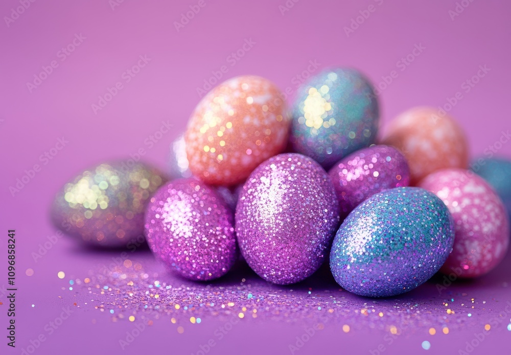 Colorful Glittery Easter Eggs Piled on a Soft Purple Background Ideal for Spring Celebrations, Festive Decorations, and Seasonal Craft Projects Colorful Glittery Easter Eggs Piled on a Soft Purple Background Ideal for Spring Celebrations, Festive Decorations, and Seasonal Craft Projects