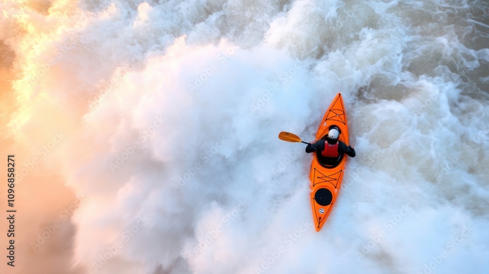Fototapeta premium An adventurous kayaker clad in protective gear navigates exhilarating white water rapids, highlighted by rushing water, capturing a moment of thrilling movement and excitement.