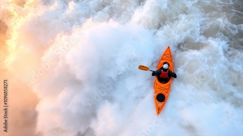 An adventurous kayaker clad in protective gear navigates exhilarating white water rapids, highlighted by rushing water, capturing a moment of thrilling movement and excitement.