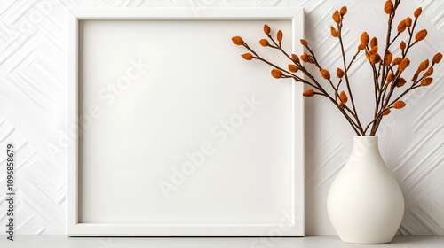 Minimalist White Frame with Dry Twigs in Vase on Shelf