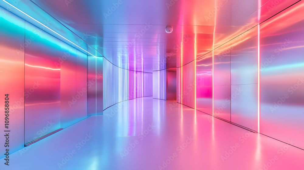 A futuristic photo studio with neon lighting metallic walls and a glossy white floor. A futuristic photo studio with neon lighting metallic walls and a glossy white floor.