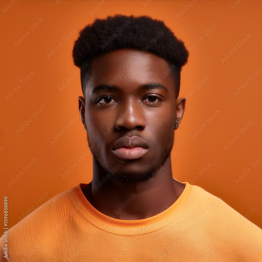 close up of handsome American man on orange studio background close up of handsome American man on orange studio background