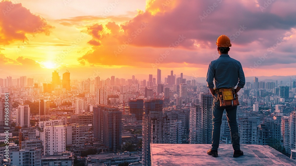Builder Standing Against Vibrant Cityscape at Sunset Horizon Builder Standing Against Vibrant Cityscape at Sunset Horizon