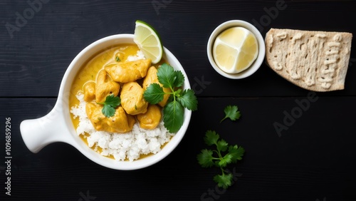 Delicious Chicken Curry with Rice and Naan Bread, Perfect for a Cozy Dinner or Lunch, Vibrant and Aromatic Meal photo