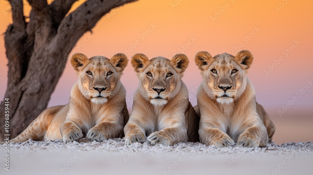 Three Majestic Lions Resting Under a Tree Against a Beautiful Sunset Sky with Vibrant Colors and Soft Clouds in the Background Three Majestic Lions Resting Under a Tree Against a Beautiful Sunset Sky with Vibrant Colors and Soft Clouds in the Background