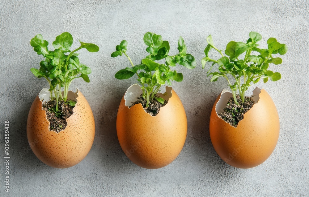 Creative Arrangement of Fresh Green Plants Growing from Open Egg Shells on a Rustic Concrete Surface, Symbolizing New Beginnings and Sustainable Gardening Practices Creative Arrangement of Fresh Green Plants Growing from Open Egg Shells on a Rustic Concrete Surface, Symbolizing New Beginnings and Sustainable Gardening Practices