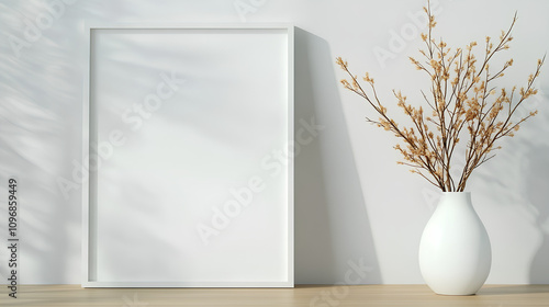 Minimalist White Frame with Dry Twigs in Vase on Shelf