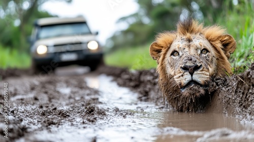 An engaging image showing a lion deeply submerged in mud, focusing intently beside a safari vehicle, presenting a unique and intriguing wildlife perspective. photo