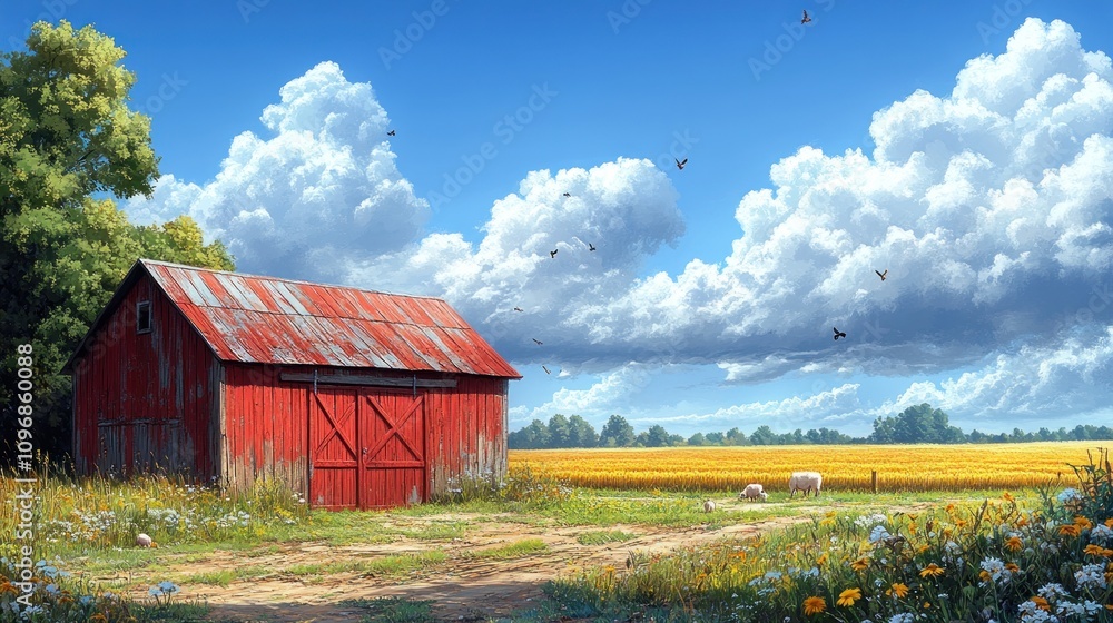 Rustic Red Barn in a Summer Wheat Field, Idyllic Countryside Scene Rustic Red Barn in a Summer Wheat Field, Idyllic Countryside Scene
