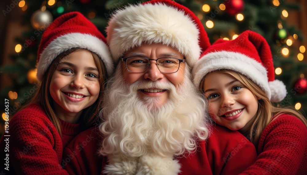 Christmas Miracle Journey. A joyful Christmas scene featuring Santa Claus with two smiling children, all wearing festive red attire, surrounded by a beautifully decorated tree. Christmas Miracle Journey. A joyful Christmas scene featuring Santa Claus with two smiling children, all wearing festive red attire, surrounded by a beautifully decorated tree.