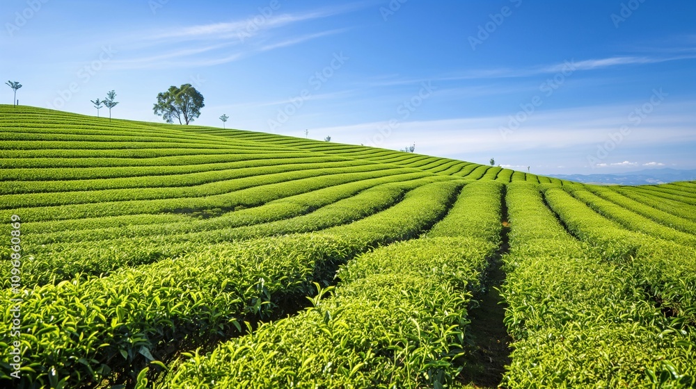 A vibrant tea plantation with rows of green tea bushes stretching into the distance, under a clear blue sky 32k, full ultra hd, high resolution A vibrant tea plantation with rows of green tea bushes stretching into the distance, under a clear blue sky 32k, full ultra hd, high resolution