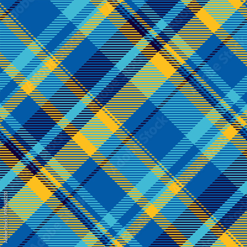 Isolation check tartan seamless, detailed vector background pattern. Throw textile plaid texture fabric in cyan and amber colors.