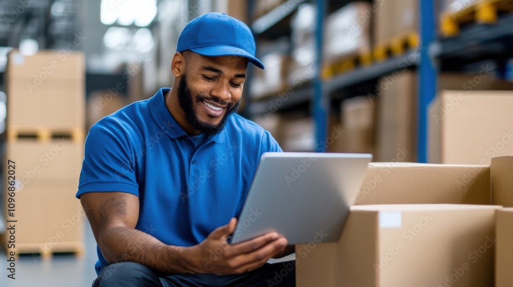 An enthusiastic worker in a blue cap and uniform smiles at his laptop while managing logistics in a warehouse, surrounded by neatly organized boxes and shelves. An enthusiastic worker in a blue cap and uniform smiles at his laptop while managing logistics in a warehouse, surrounded by neatly organized boxes and shelves.