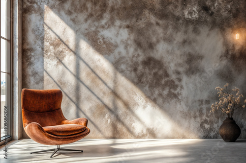 Mur vide en béton avec un fauteuil et de la lumière extérieure