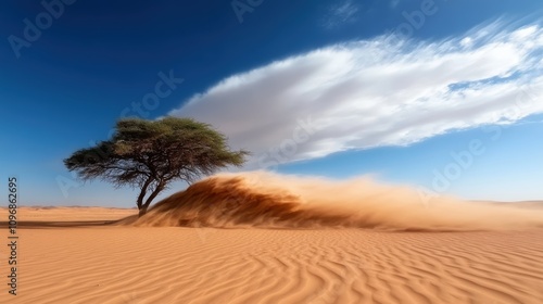 The dynamic forces of wind and clouds swirl around a solitary tree in the desert, illustrating the powerful, ever-changing interplay between earth and sky. photo