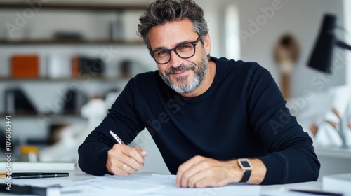 A mature man wearing glasses, writing in a modern office environment, expresses contentment and professionalism, highlighting creativity and productivity.