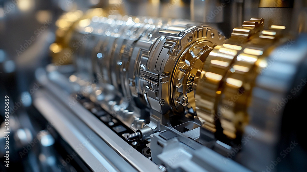 Fototapeta premium Close-up of the intricate mechanism of an automatic car gearbox showcasing gears, precision, and mechanical components working in harmony for smooth gear transitions and efficient vehicle performance