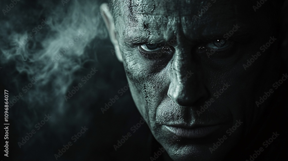 an evil man who is behind all evil things in the earth is standing in the dark but can see his face slightly. an evil man who is behind all evil things in the earth is standing in the dark but can see his face slightly.