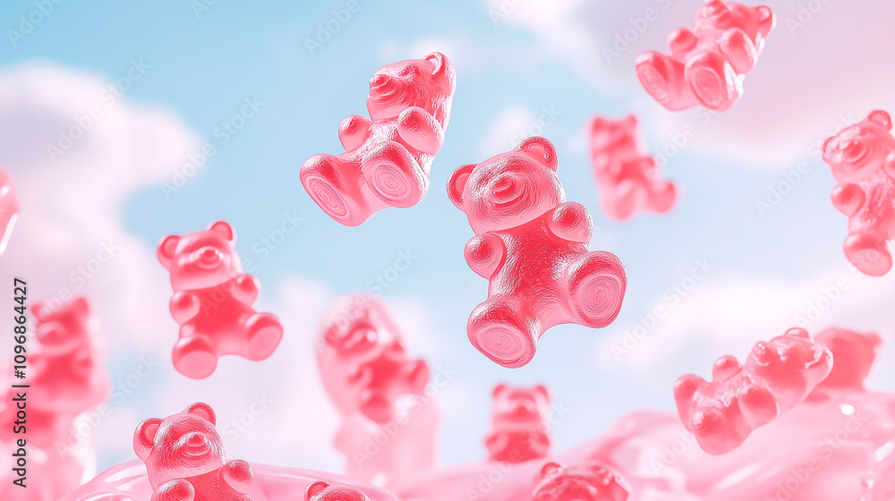 photorealistic jelly gummy bears floating in the air with different rotations on a pastel background photorealistic jelly gummy bears floating in the air with different rotations on a pastel background