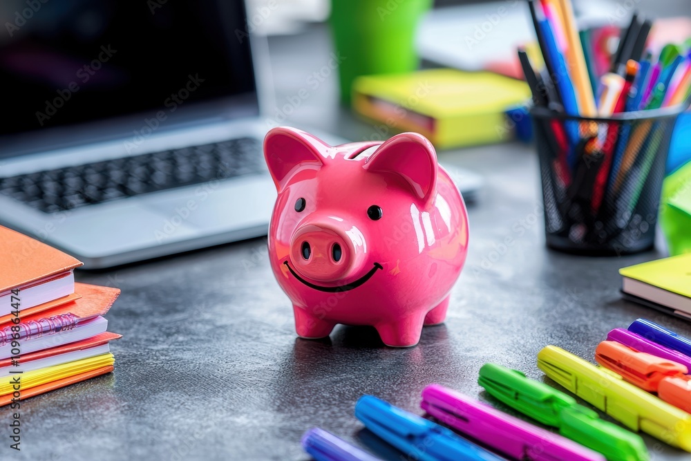 Academic Budgeting: Piggy Bank and Study Tools on Student Desk for Efficient Learning and Saving Academic Budgeting: Piggy Bank and Study Tools on Student Desk for Efficient Learning and Saving